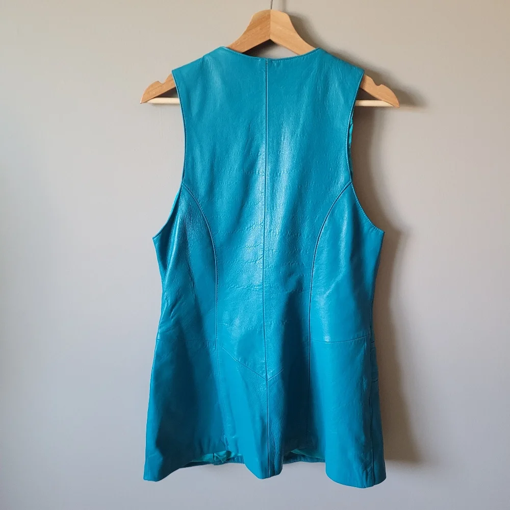 1980s teal blue leather jacket and pencil skirt, 3 piece suit set - Picture 8 of 16